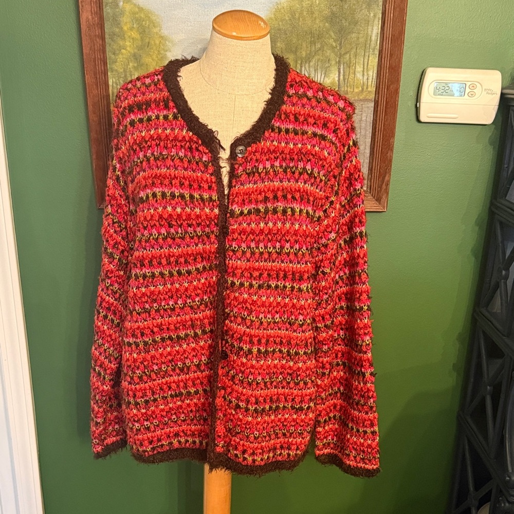 Sigrid Olsen Red and Brown Knit Cardigan